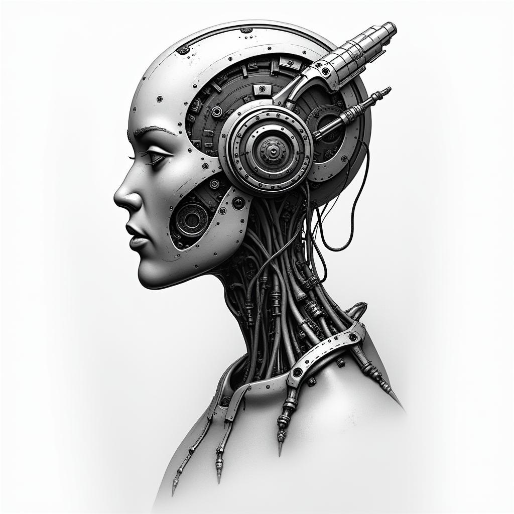 Clayton, Capricorn, Melbournetattoo in biomechanic style, the tattoo covered by robotic elements of futuristic cyberpunk design, robotic features detail, showcasing intricate mechanical components