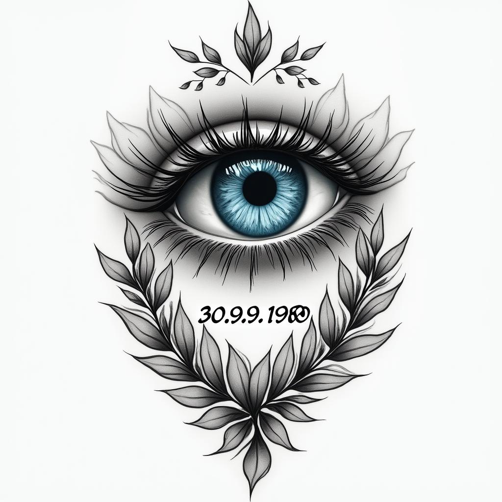 A meaningful tattoo design symbolizing eternal connection and gratitude, featuring a blue eye as a lucky charm, with the date 30.09.1980 integrated in a loving and heartfelt style, celebrating the memory of a beloved mother.higly detailed tattoo