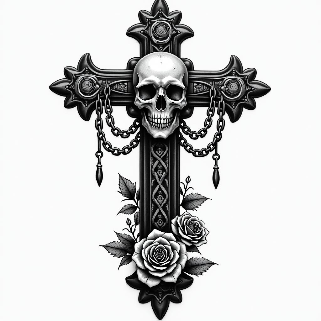 Clayton, Capricorn, Melbournein chicano style tattoo, featuring intricate black and grey shading, bold elements of traditional chicano culture symbols, add a big cross with skull, chains and roses - Variation 4