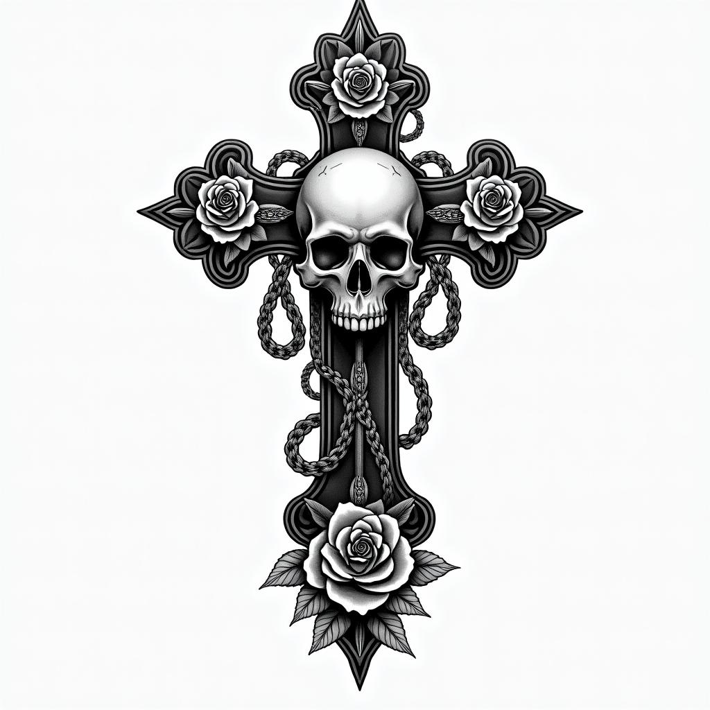 Clayton, Capricorn, Melbournein chicano style tattoo, featuring intricate black and grey shading, bold elements of traditional chicano culture symbols, add a big cross with skull, chains and roses - Variation 3
