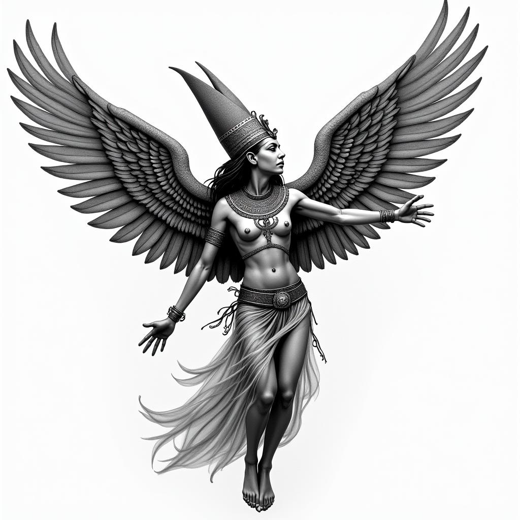 Egyptian goddess flying that gives the impression that her clothing is wet.in egyptian style tattoo, bold elements of ancient egyptian culture including a portrait of an Egyptian pharaoh with detailed facial features, in hieroglyphs and symbolic imagery, eye of horus, ankh symbol, scarab beetle - Variation 4