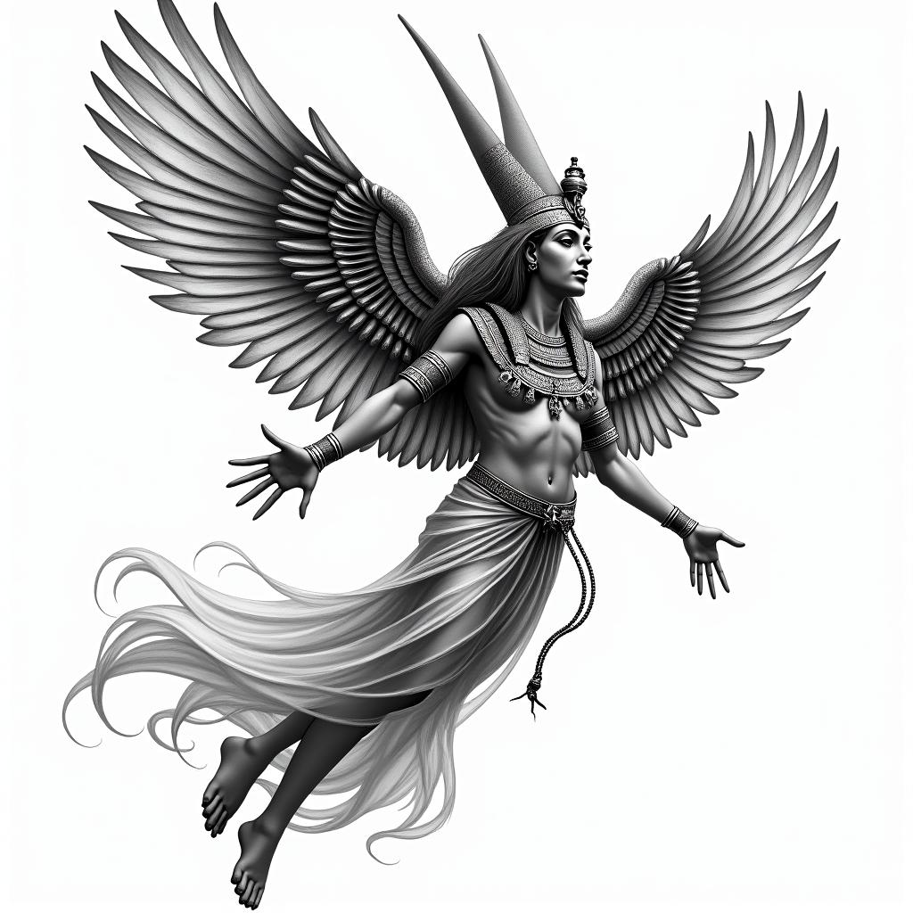 Egyptian goddess flying that gives the impression that her clothing is wet.in egyptian style tattoo, bold elements of ancient egyptian culture including a portrait of an Egyptian pharaoh with detailed facial features, in hieroglyphs and symbolic imagery, eye of horus, ankh symbol, scarab beetle - Variation 2