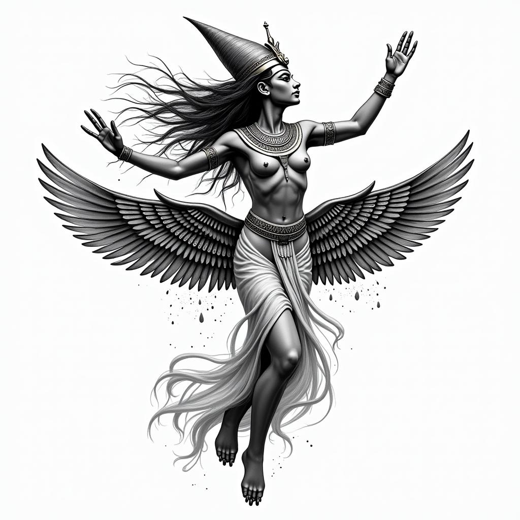 Egyptian goddess flying that gives the impression that her clothing is wet.in egyptian style tattoo, bold elements of ancient egyptian culture including a portrait of an Egyptian pharaoh with detailed facial features, in hieroglyphs and symbolic imagery, eye of horus, ankh symbol, scarab beetle - Variation 3