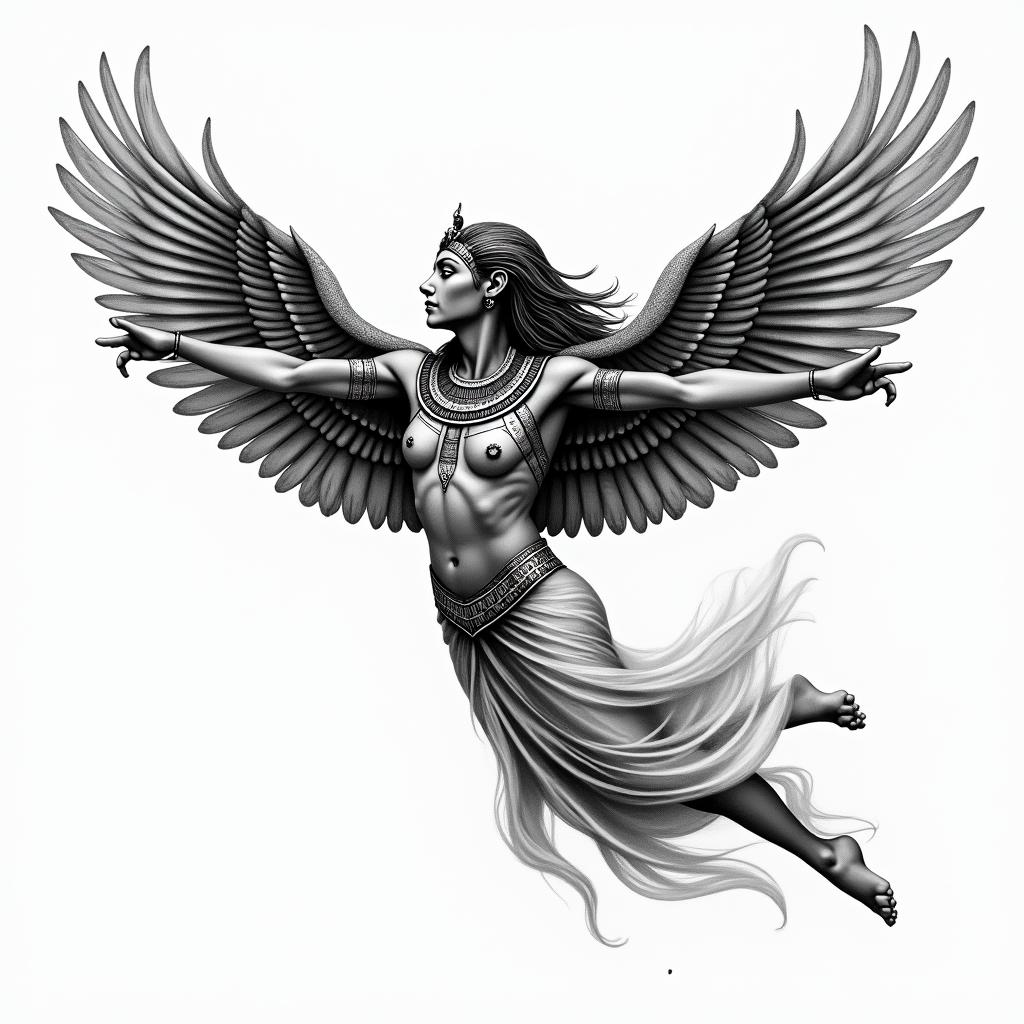 Egyptian goddess flying that gives the impression that her clothing is wet.in egyptian style tattoo, bold elements of ancient egyptian culture including a portrait of an Egyptian pharaoh with detailed facial features, in hieroglyphs and symbolic imagery, eye of horus, ankh symbol, scarab beetle