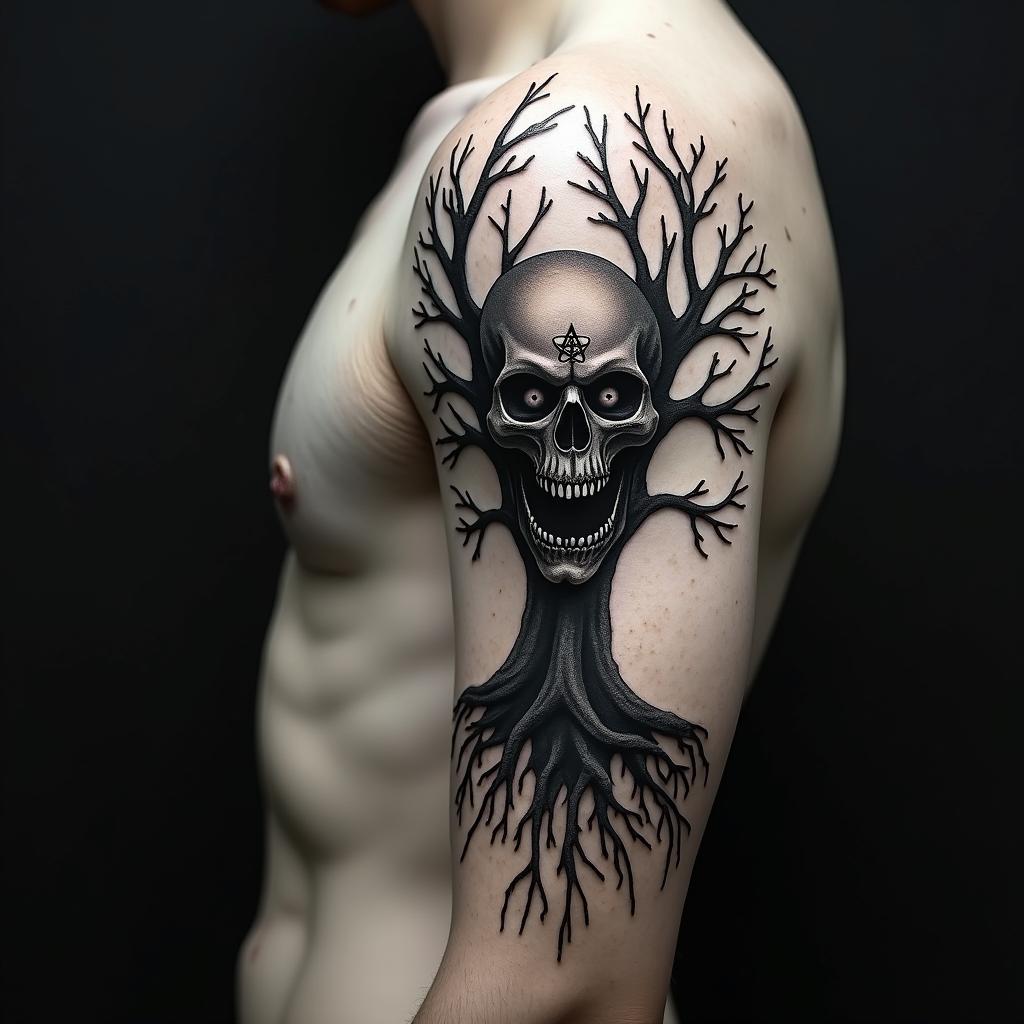 Tree of life with roots and branchescreepy horror tattoo style, featuring an eerie and unsettling skull of a demonic creature, distorted face with sharp fangs, add pentagram symbol - Variation 12