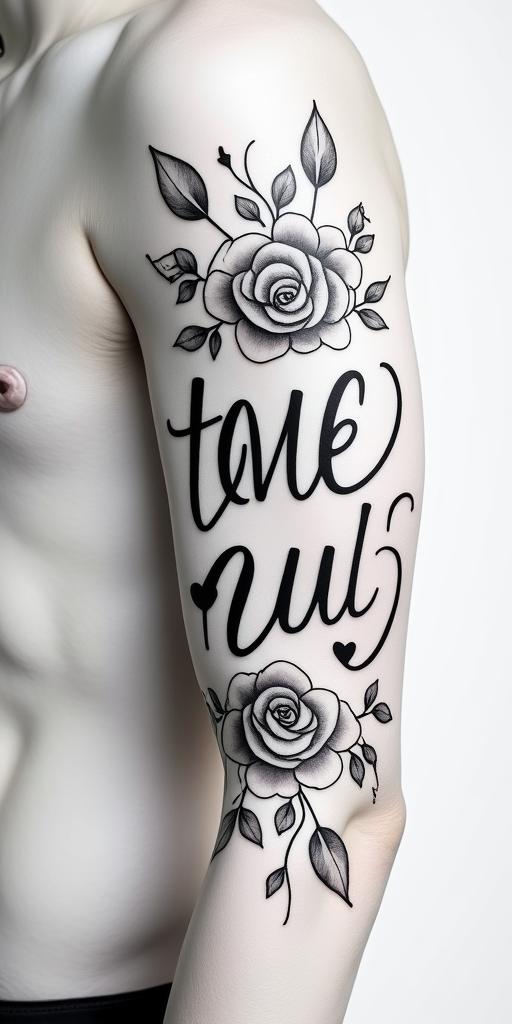 “UNIQUE”in elegant cursive calligraphy style 2d tattoo, decorate with roses, featuring a smooth and flowing handwritten script with slightly thickened strokes for a luxurious and bold appearance, heart symbol between names, sleek and glossy black text with shadowing, minimalist matte white background, clean and sharp edges, illuminated with soft lighting, romantic, 8k, high-quality textures with refined typography - Variation 3