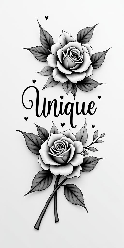 “UNIQUE”in elegant cursive calligraphy style 2d tattoo, decorate with roses, featuring a smooth and flowing handwritten script with slightly thickened strokes for a luxurious and bold appearance, heart symbol between names, sleek and glossy black text with shadowing, minimalist matte white background, clean and sharp edges, illuminated with soft lighting, romantic, 8k, high-quality textures with refined typography - Variation 4