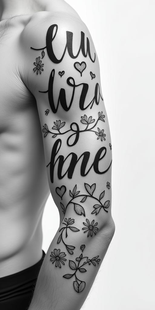 “UNIQUE”in elegant cursive calligraphy style 2d tattoo, decorate with roses, featuring a smooth and flowing handwritten script with slightly thickened strokes for a luxurious and bold appearance, heart symbol between names, sleek and glossy black text with shadowing, minimalist matte white background, clean and sharp edges, illuminated with soft lighting, romantic, 8k, high-quality textures with refined typography - Variation 1