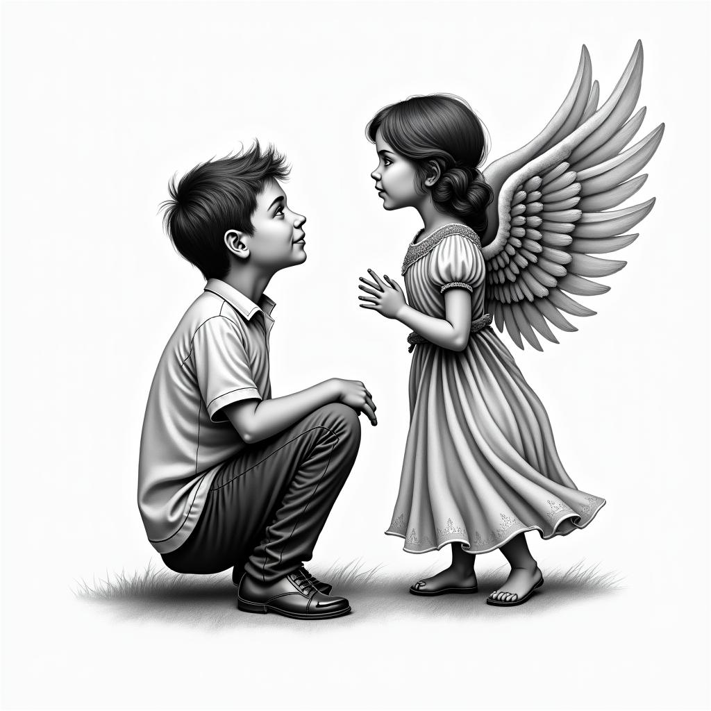 Little boy on his knees looking up at beautiful mom angel higly detailed tattoo - Variation 3
