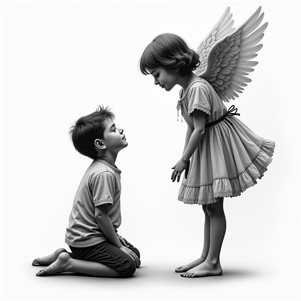 Little boy on his knees looking up at beautiful mom angel higly detailed tattoo