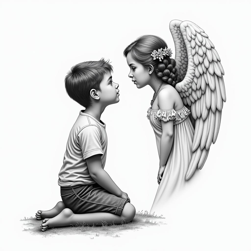 Little boy on his knees looking up at beautiful mom angel higly detailed tattoo - Variation 4