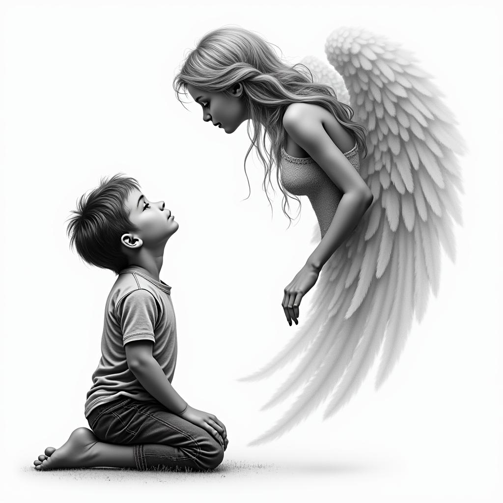 Little boy on his knees looking up at beautiful mom angel higly detailed tattoo - Variation 2