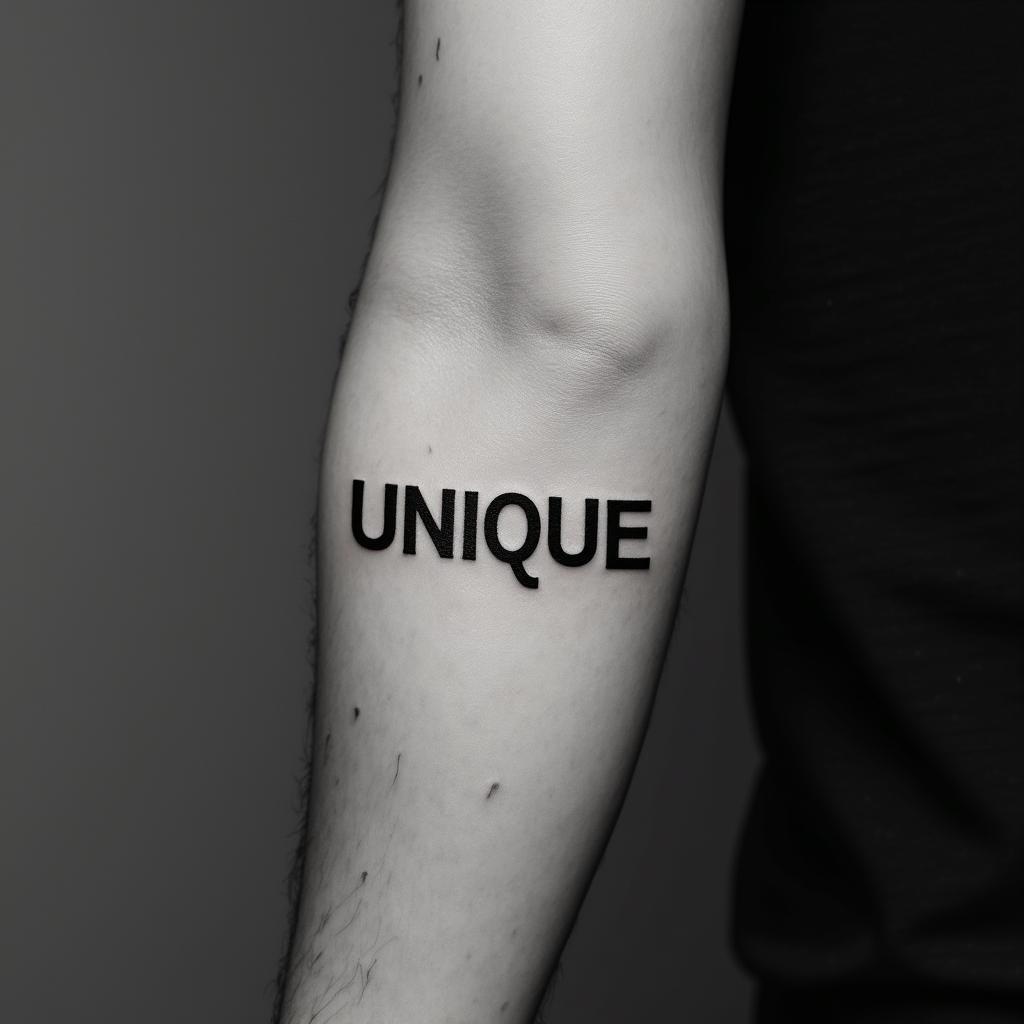 “UNIQUE”minimalist text-based tattoo, Monospace font ultra-realistic, perfectly placed, high-quality font design, photo-realistic shading, 8k, high quality, finely detailed typograph
