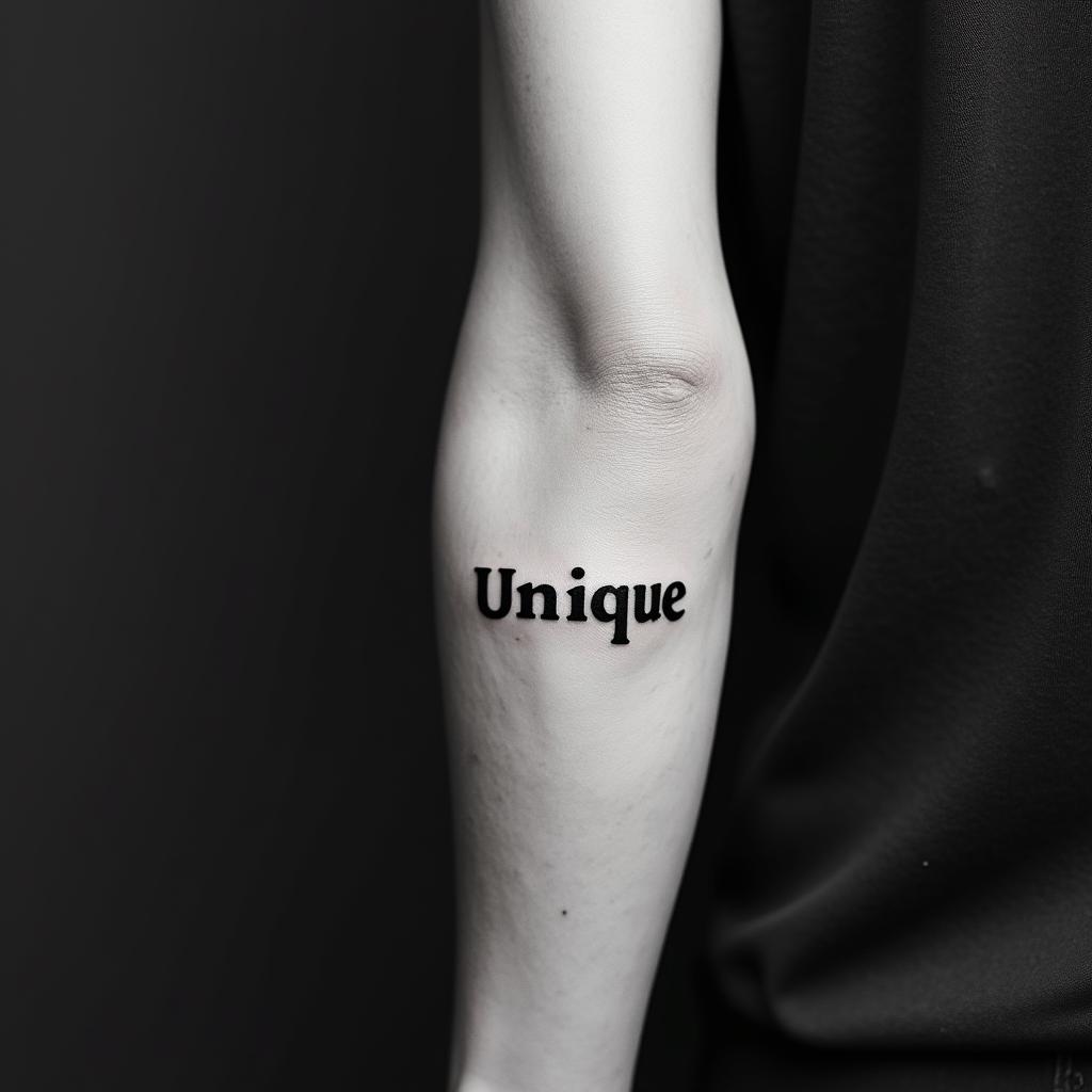 “UNIQUE”minimalist text-based tattoo, Monospace font ultra-realistic, perfectly placed, high-quality font design, photo-realistic shading, 8k, high quality, finely detailed typograph - Variation 3