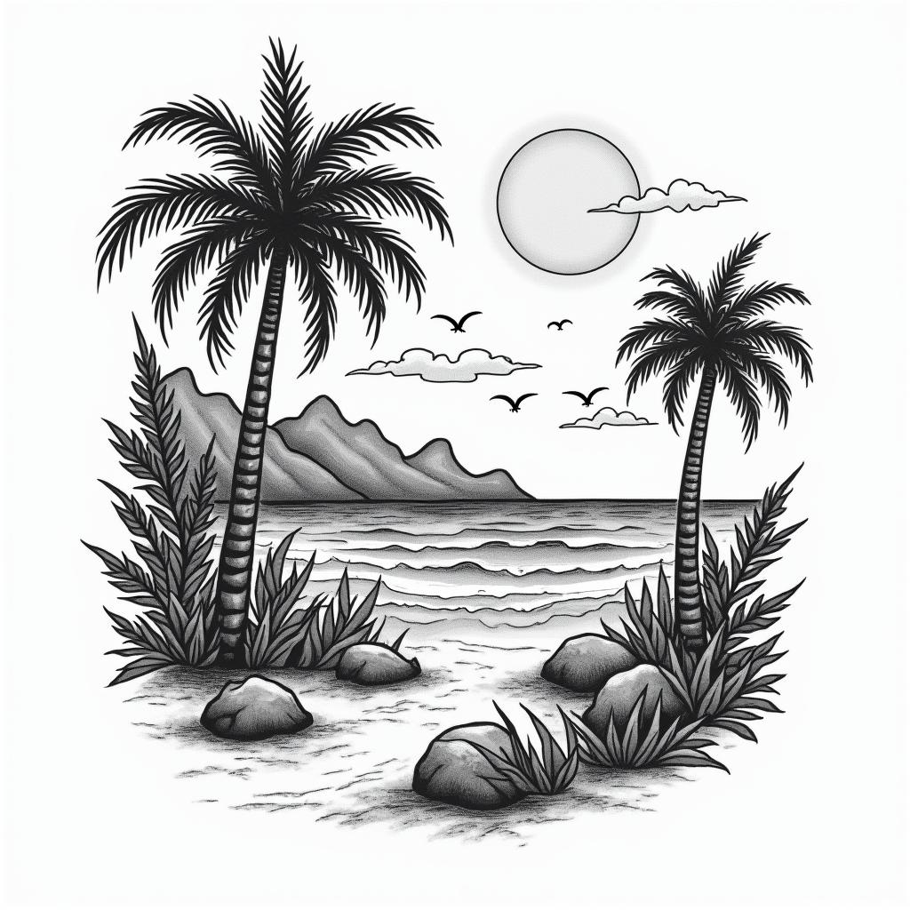 Beach scenein authentic tattoo style, incorporating traditional modifications, bold black outlines, solid color fills, featuring classic authentic elements - Variation 4