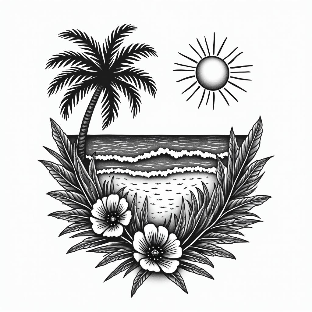 Beach scenein authentic tattoo style, incorporating traditional modifications, bold black outlines, solid color fills, featuring classic authentic elements - Variation 3