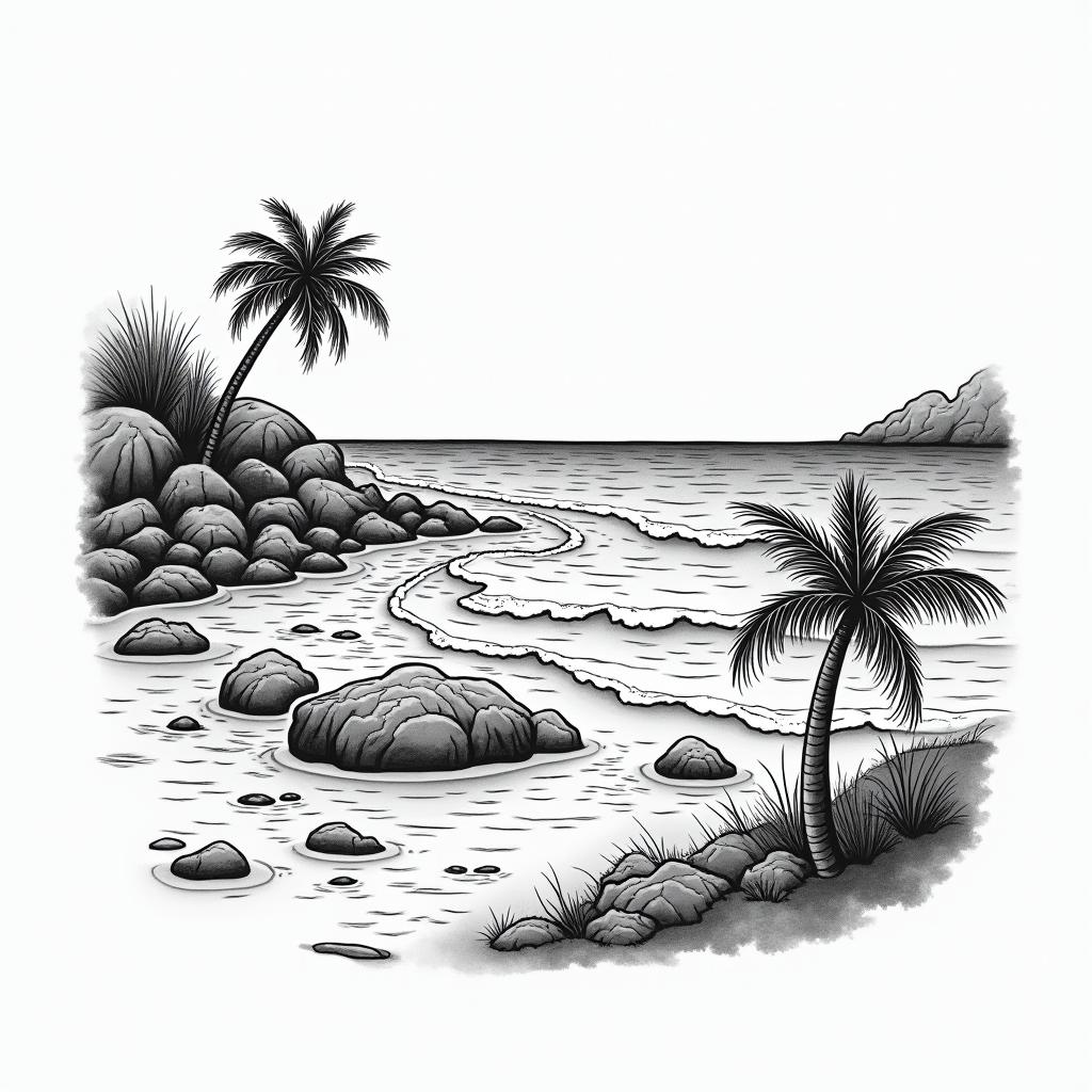Beach scenein authentic tattoo style, incorporating traditional modifications, bold black outlines, solid color fills, featuring classic authentic elements - Variation 2