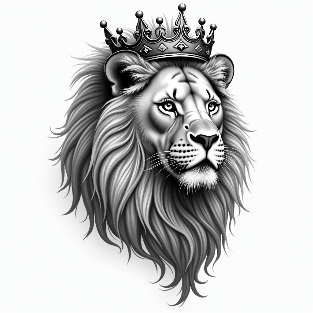 Female lioness with crown on headhigly detailed tattoo - Variation 6
