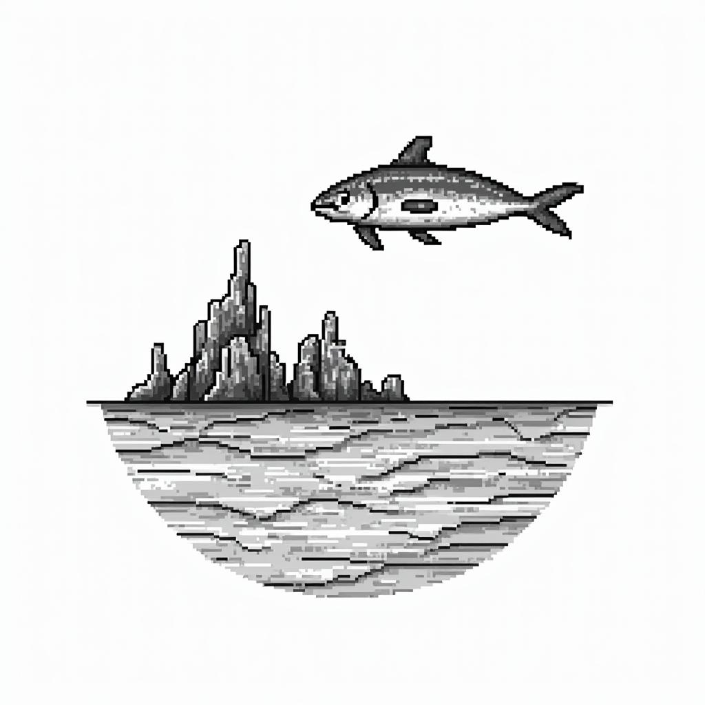 Under water beach themein 8-bit tattoo style, minimalistic pixel style tattoo, pixel art with simplified shapes and retro gaming visuals, inspired by 8-bit pixel based detailing