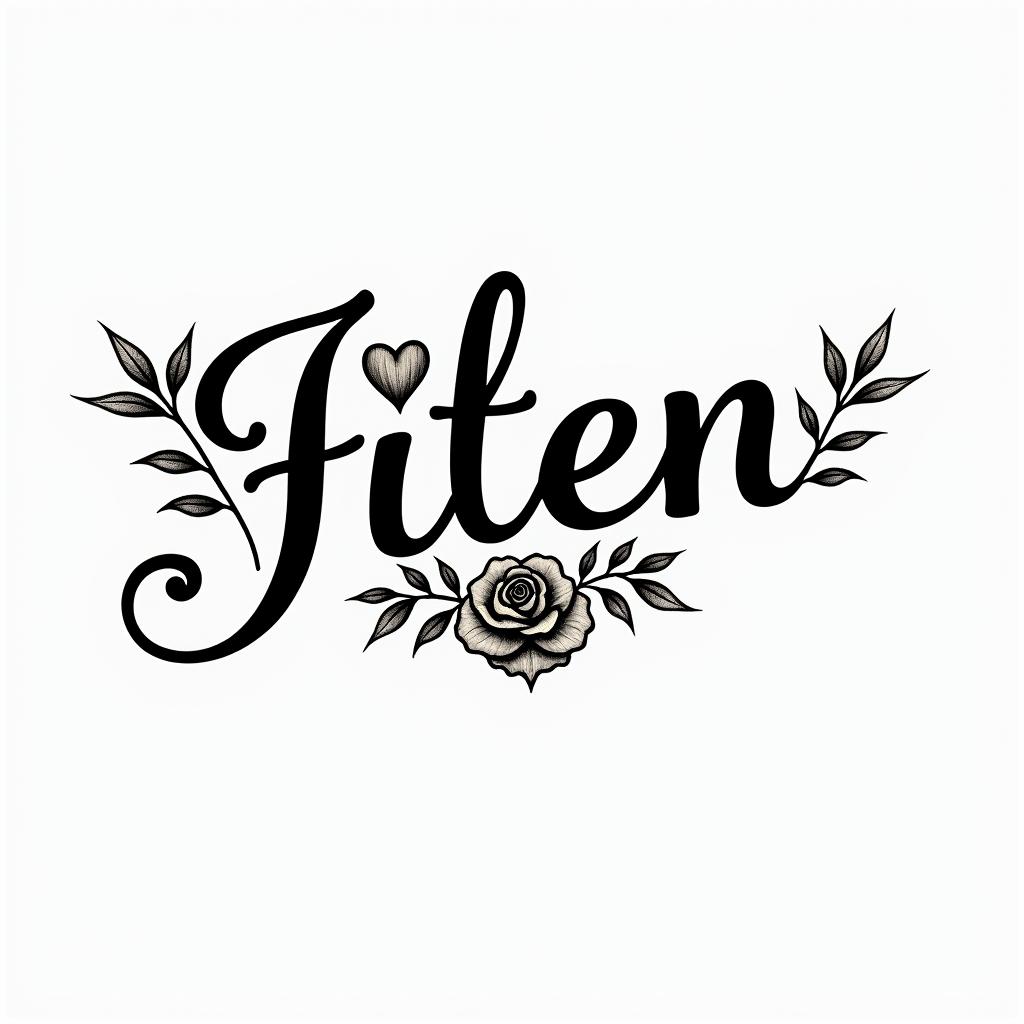 Fifteenin elegant cursive calligraphy style 2d tattoo, decorate with roses, featuring a smooth and flowing handwritten script with slightly thickened strokes for a luxurious and bold appearance, heart symbol between names, sleek and glossy black text with shadowing, minimalist matte white background, clean and sharp edges, illuminated with soft lighting, romantic, 8k, high-quality textures with refined typography - Variation 2