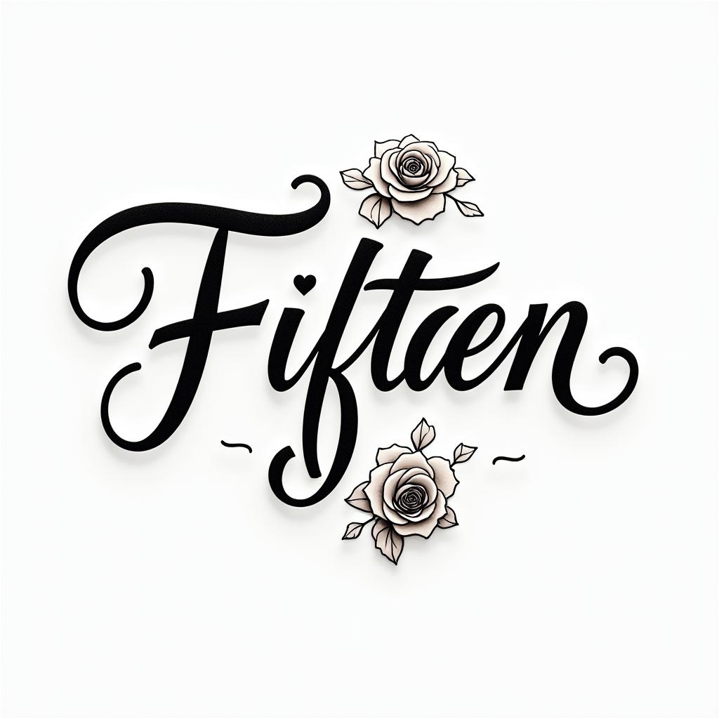 Fifteenin elegant cursive calligraphy style 2d tattoo, decorate with roses, featuring a smooth and flowing handwritten script with slightly thickened strokes for a luxurious and bold appearance, heart symbol between names, sleek and glossy black text with shadowing, minimalist matte white background, clean and sharp edges, illuminated with soft lighting, romantic, 8k, high-quality textures with refined typography - Variation 4