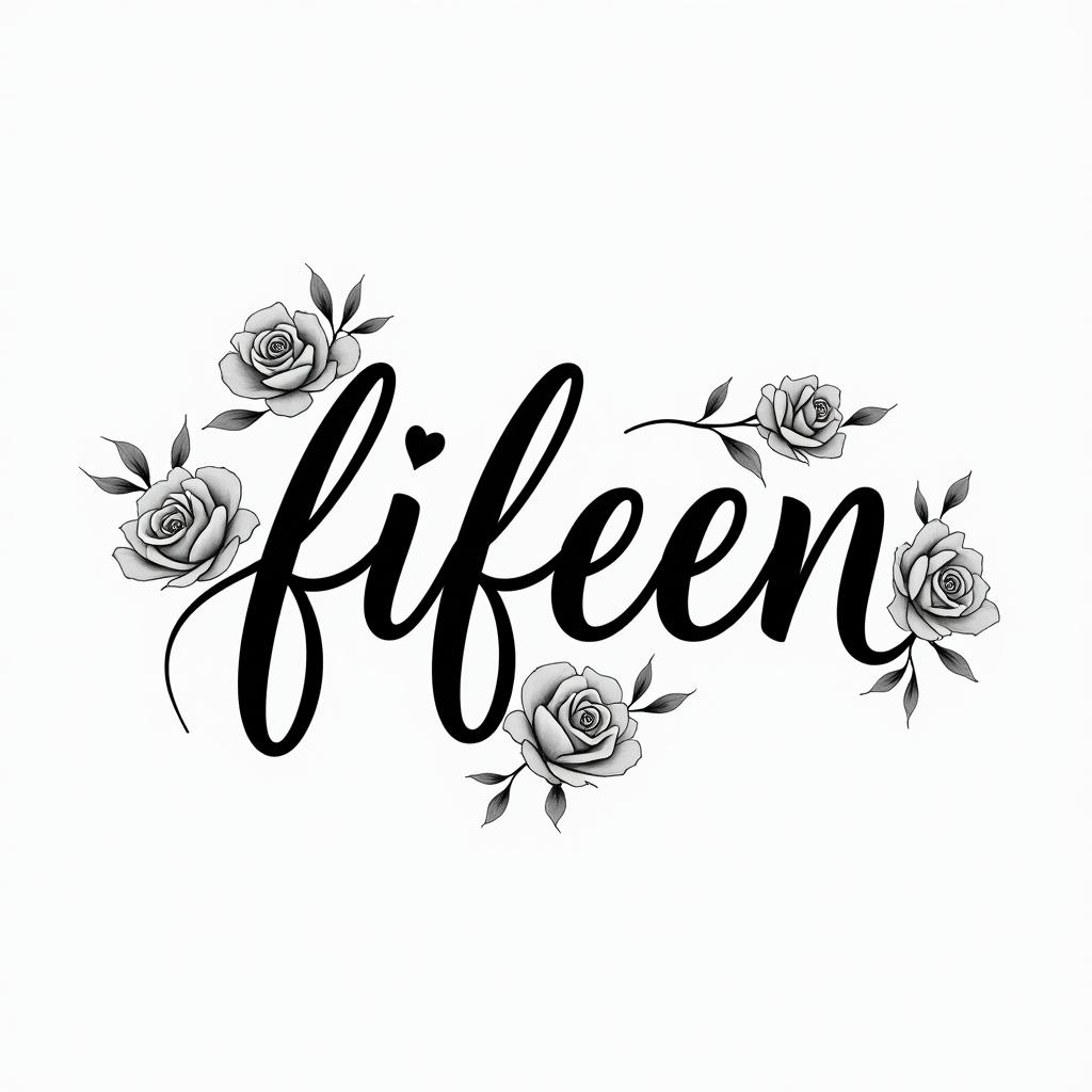 Fifteenin elegant cursive calligraphy style 2d tattoo, decorate with roses, featuring a smooth and flowing handwritten script with slightly thickened strokes for a luxurious and bold appearance, heart symbol between names, sleek and glossy black text with shadowing, minimalist matte white background, clean and sharp edges, illuminated with soft lighting, romantic, 8k, high-quality textures with refined typography - Variation 3