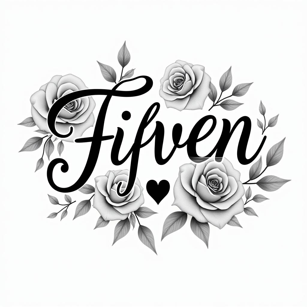 Fifteenin elegant cursive calligraphy style 2d tattoo, decorate with roses, featuring a smooth and flowing handwritten script with slightly thickened strokes for a luxurious and bold appearance, heart symbol between names, sleek and glossy black text with shadowing, minimalist matte white background, clean and sharp edges, illuminated with soft lighting, romantic, 8k, high-quality textures with refined typography - Variation 1