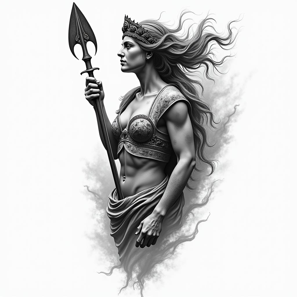 Athena, the goddess of war, firehigly detailed tattoo - Variation 48