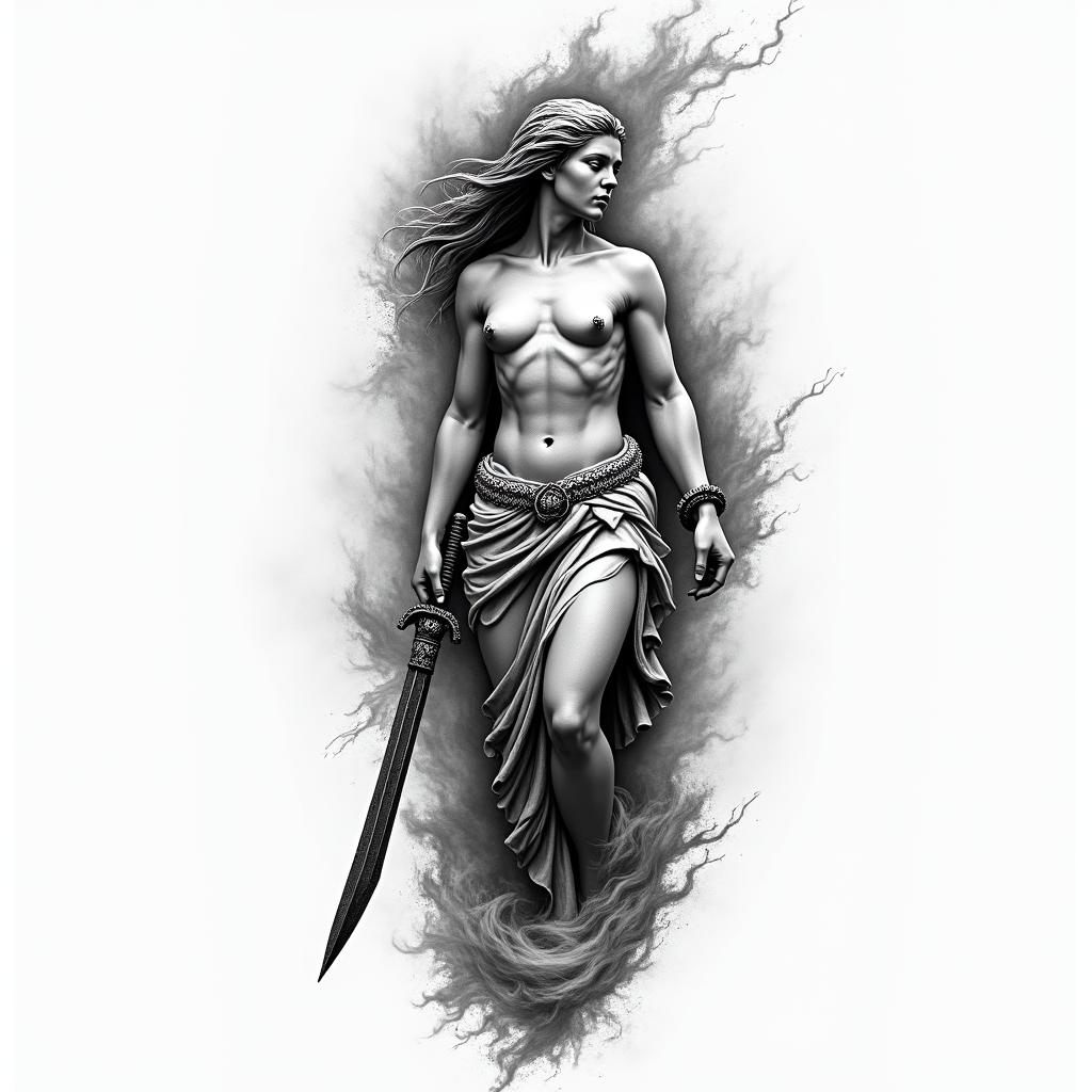 Athena, the goddess of war, firehigly detailed tattoo - Variation 45