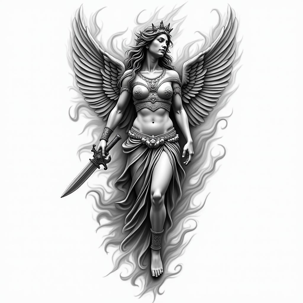Athena, the goddess of war, firehigly detailed tattoo - Variation 47