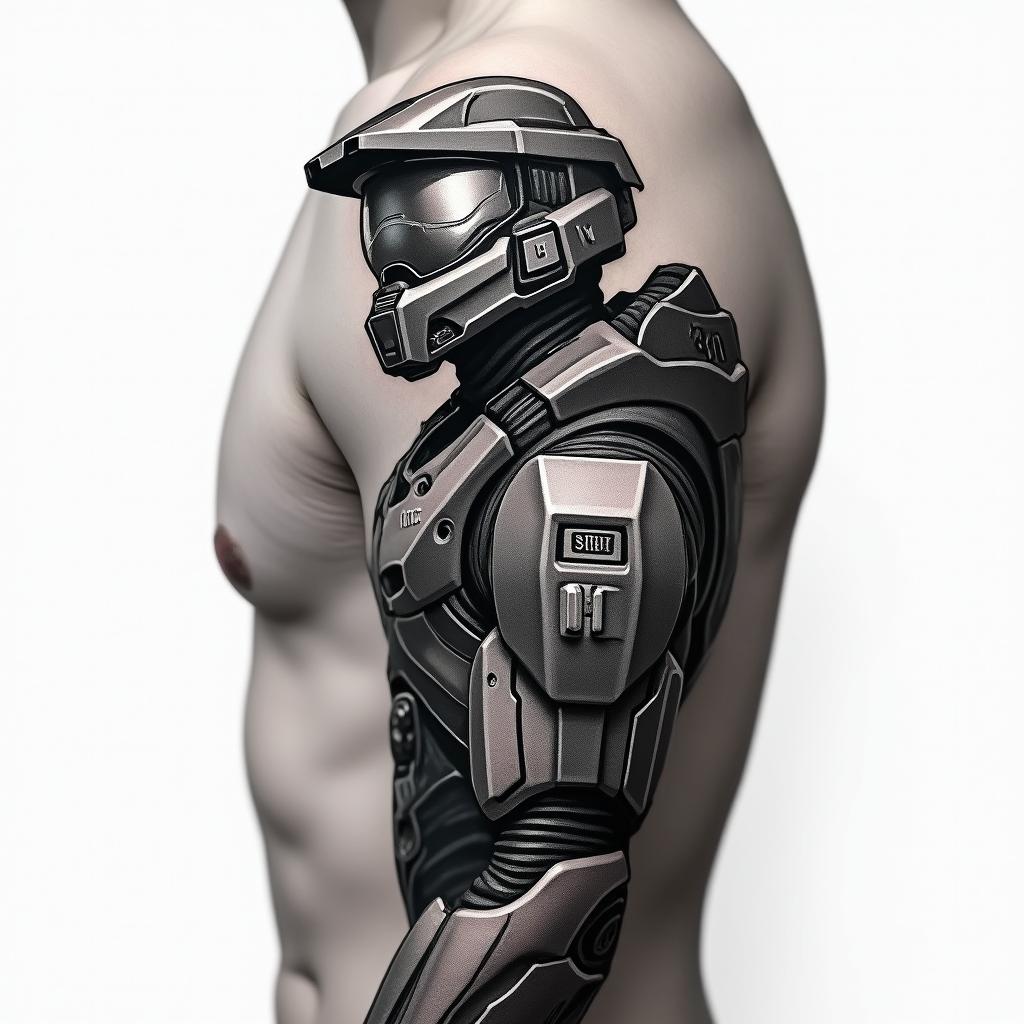 Halo master chief video game tattoo sleevein realism tattoo style, featuring a highly detailed, lifelike, capturing every detail, photorealistic, ultra realistic, intricate shading, smooth and sharp,   - Variation 4