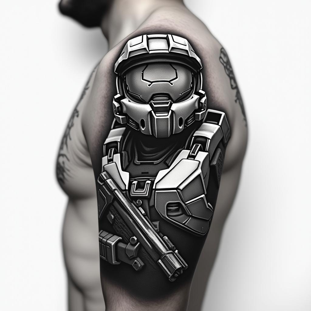 Halo master chief video game tattoo sleevein realism tattoo style, featuring a highly detailed, lifelike, capturing every detail, photorealistic, ultra realistic, intricate shading, smooth and sharp,   - Variation 2