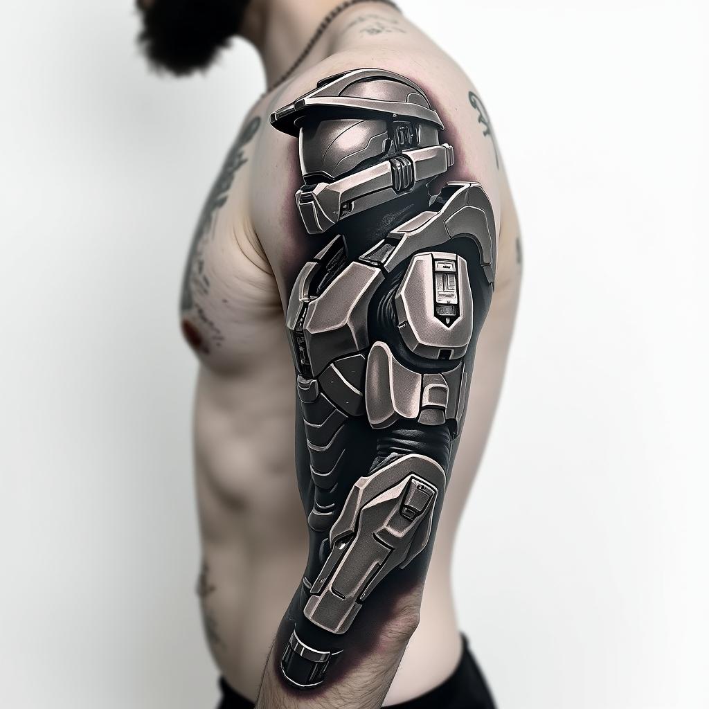 Halo master chief video game tattoo sleevein realism tattoo style, featuring a highly detailed, lifelike, capturing every detail, photorealistic, ultra realistic, intricate shading, smooth and sharp,  