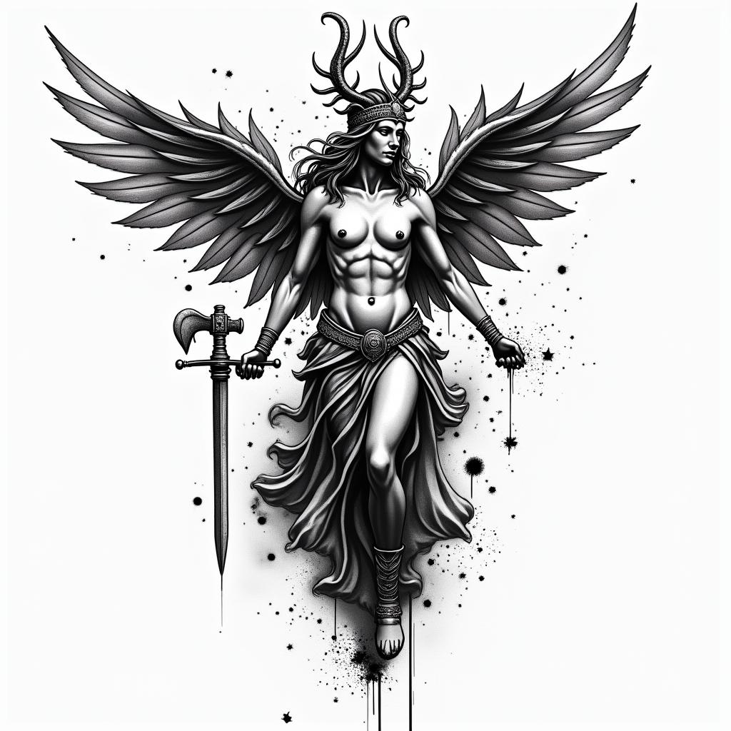 Athena, the goddess of war, firein graffiti style tattoo, featuring bold and dynamic street art elements, spray-paint texture with exaggerated lines and expressive, chaotic brushstrokes, intricate lettering incorporated with graffiti tags, symbols like hearts, stars, and wings - Variation 2