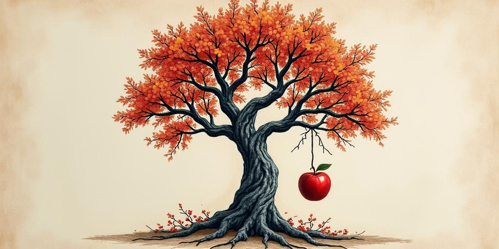 Tree of life,1apple hanging, 1 on groundin ornamental tattoo style, featuring intricate symmetrical patterns and floral designs, showcasing highly detailed line work and geometric shapes, creating a sense of elegance and balance - Variation 4