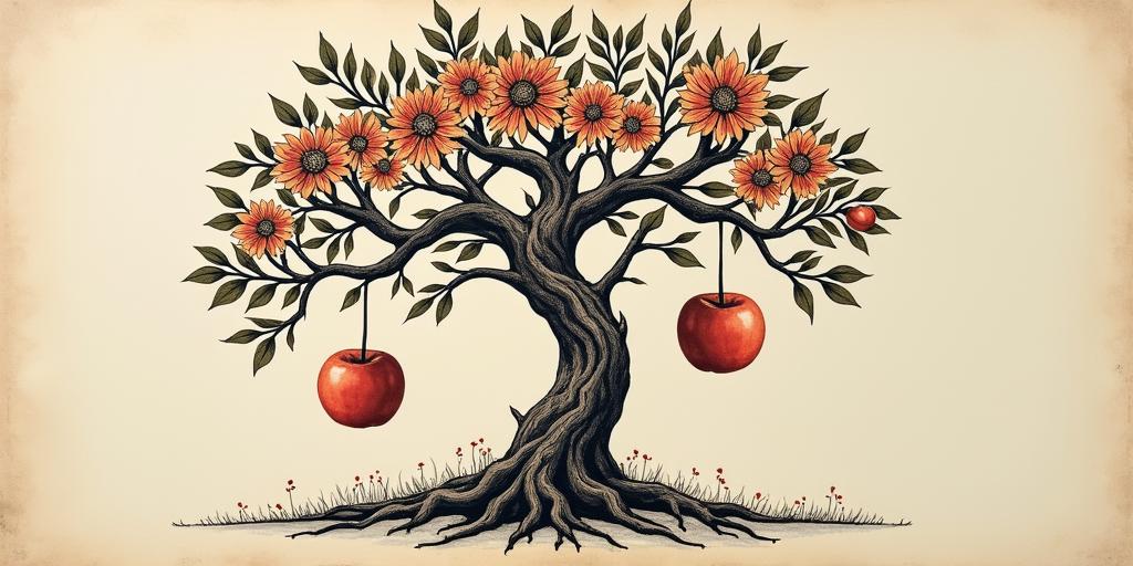 Tree of life,1apple hanging, 1 on groundin ornamental tattoo style, featuring intricate symmetrical patterns and floral designs, showcasing highly detailed line work and geometric shapes, creating a sense of elegance and balance - Variation 3