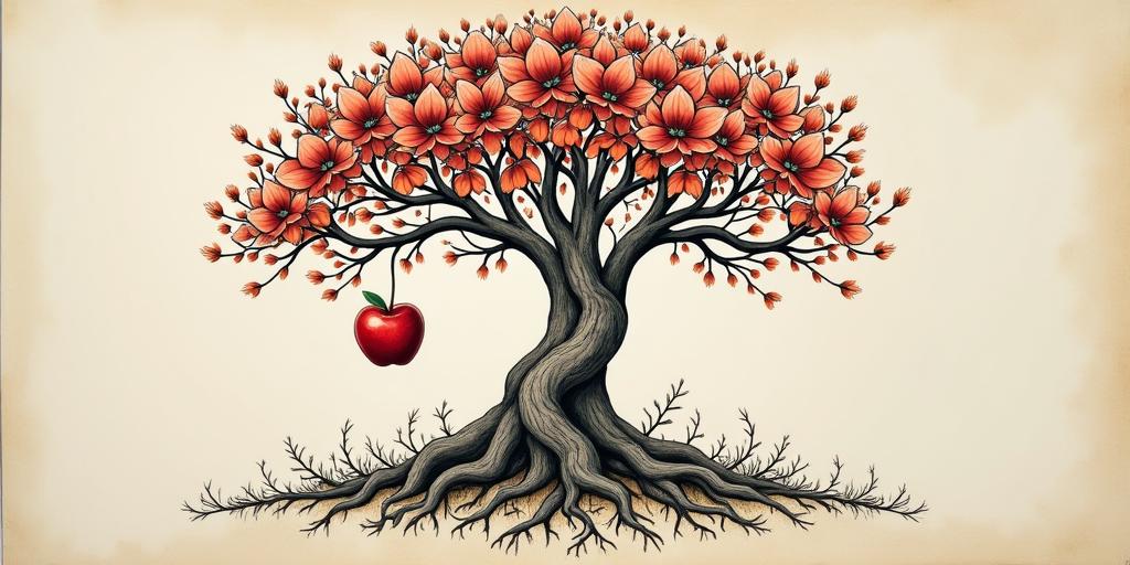 Tree of life,1apple hanging, 1 on groundin ornamental tattoo style, featuring intricate symmetrical patterns and floral designs, showcasing highly detailed line work and geometric shapes, creating a sense of elegance and balance - Variation 2