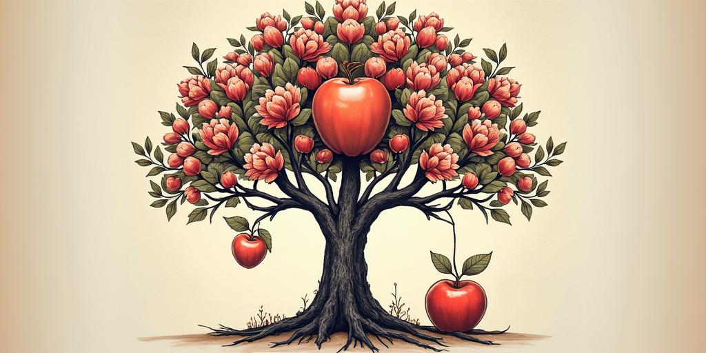 Tree of life,1apple hanging, 1 on groundin ornamental tattoo style, featuring intricate symmetrical patterns and floral designs, showcasing highly detailed line work and geometric shapes, creating a sense of elegance and balance