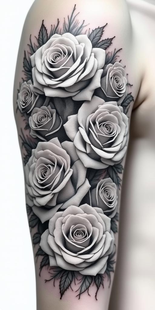 Many roses on the armin portrait tattoo style, featuring a highly realistic and detailed depiction  - Variation 3