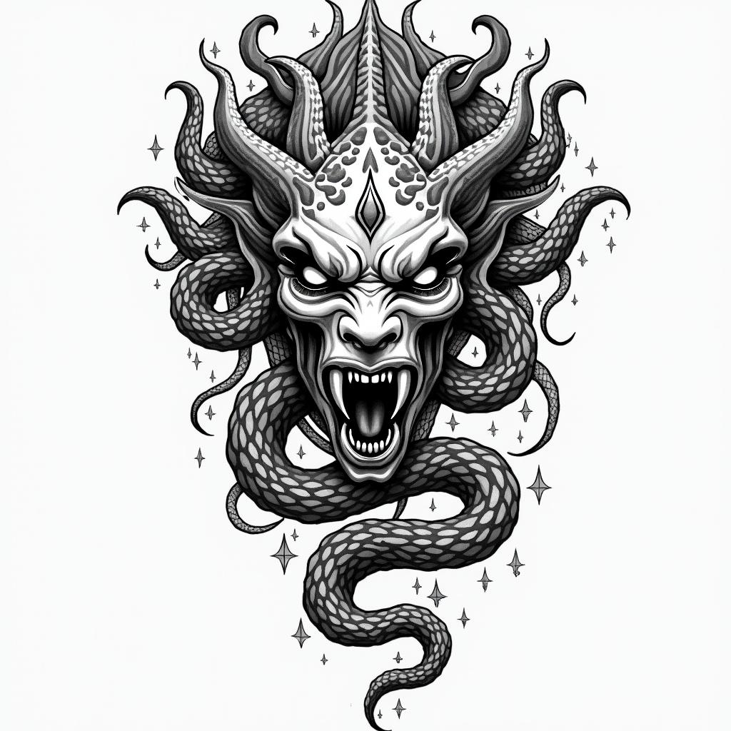 Medusain authentic tattoo style, incorporating traditional modifications, bold black outlines, solid color fills, featuring classic authentic elements - Variation 7