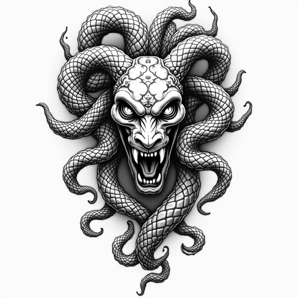 Medusain authentic tattoo style, incorporating traditional modifications, bold black outlines, solid color fills, featuring classic authentic elements - Variation 5