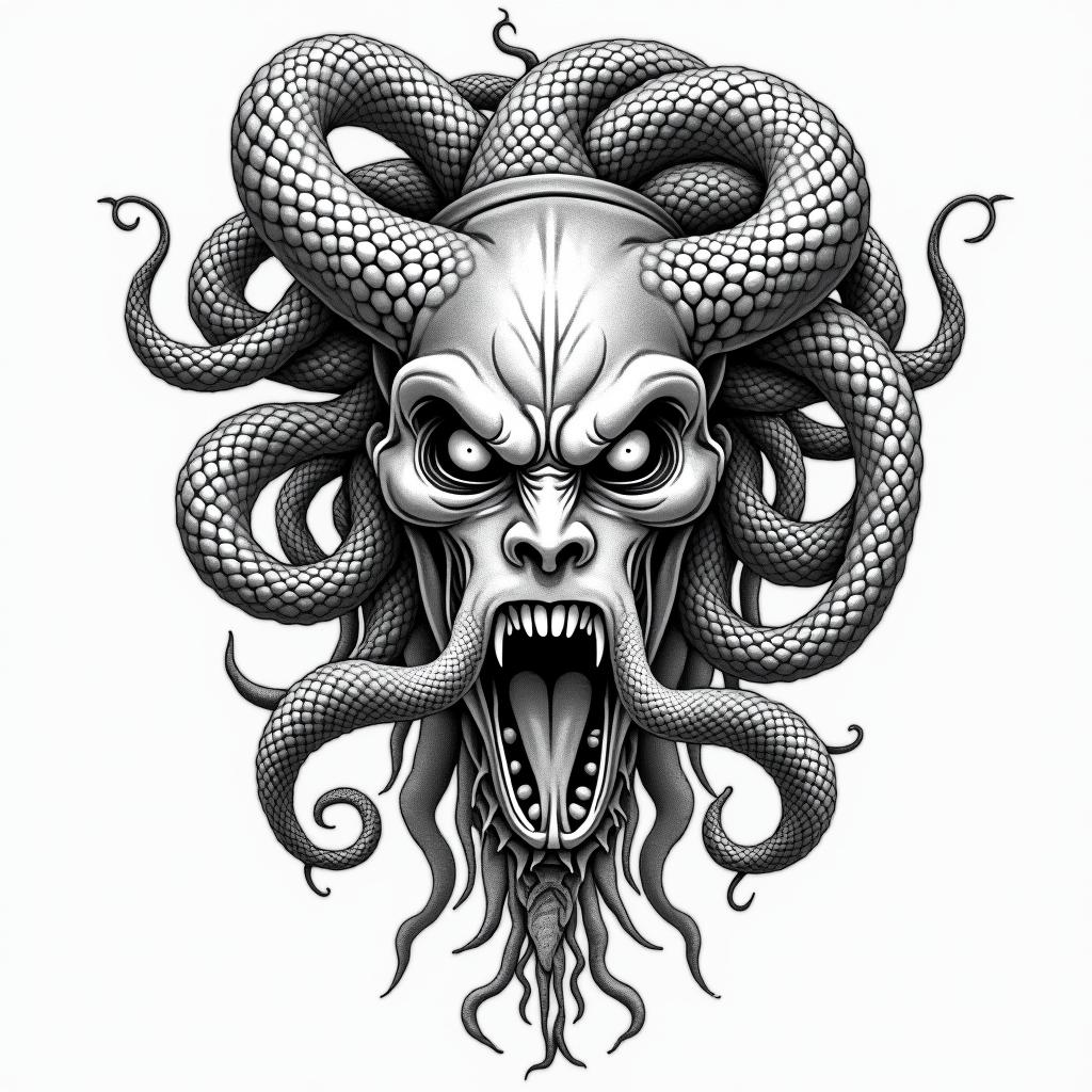 Medusain authentic tattoo style, incorporating traditional modifications, bold black outlines, solid color fills, featuring classic authentic elements - Variation 6