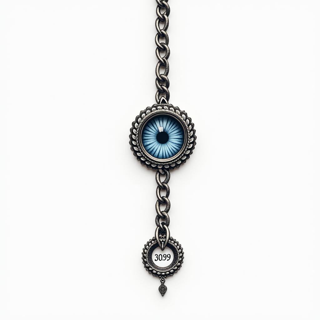 Tattoo Design featuring a simple band chain with a round blue eye as a charm, incorporating the birth date 30.09.1989, symbolizing eternal memory and love for a mother, clean and meaningful style.higly detailed tattoo - Variation 8