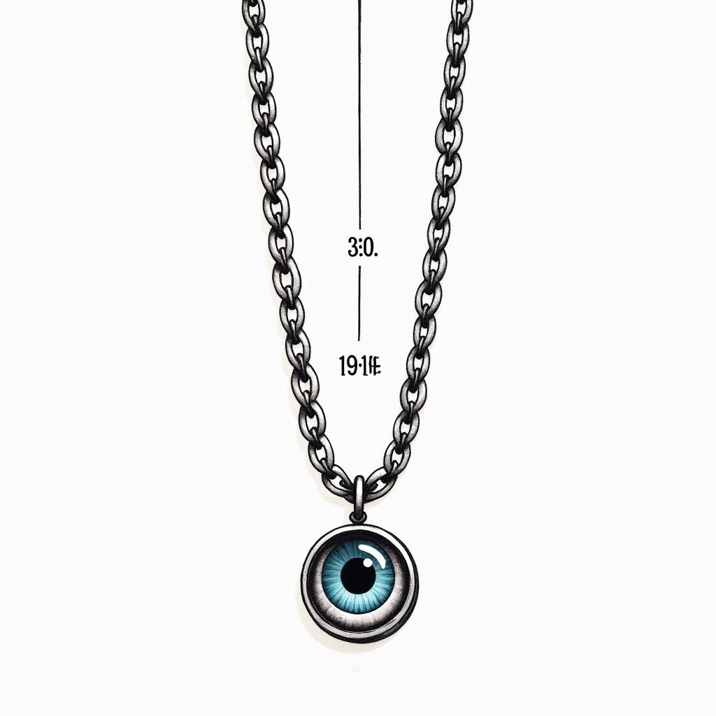 Tattoo Design featuring a simple band chain with a round blue eye as a charm, incorporating the birth date 30.09.1989, symbolizing eternal memory and love for a mother, clean and meaningful style.higly detailed tattoo - Variation 6