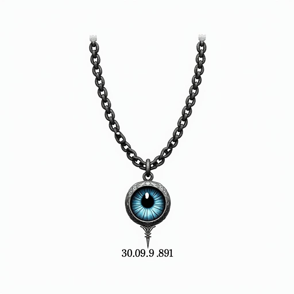 Tattoo Design featuring a simple band chain with a round blue eye as a charm, incorporating the birth date 30.09.1989, symbolizing eternal memory and love for a mother, clean and meaningful style.higly detailed tattoo - Variation 7