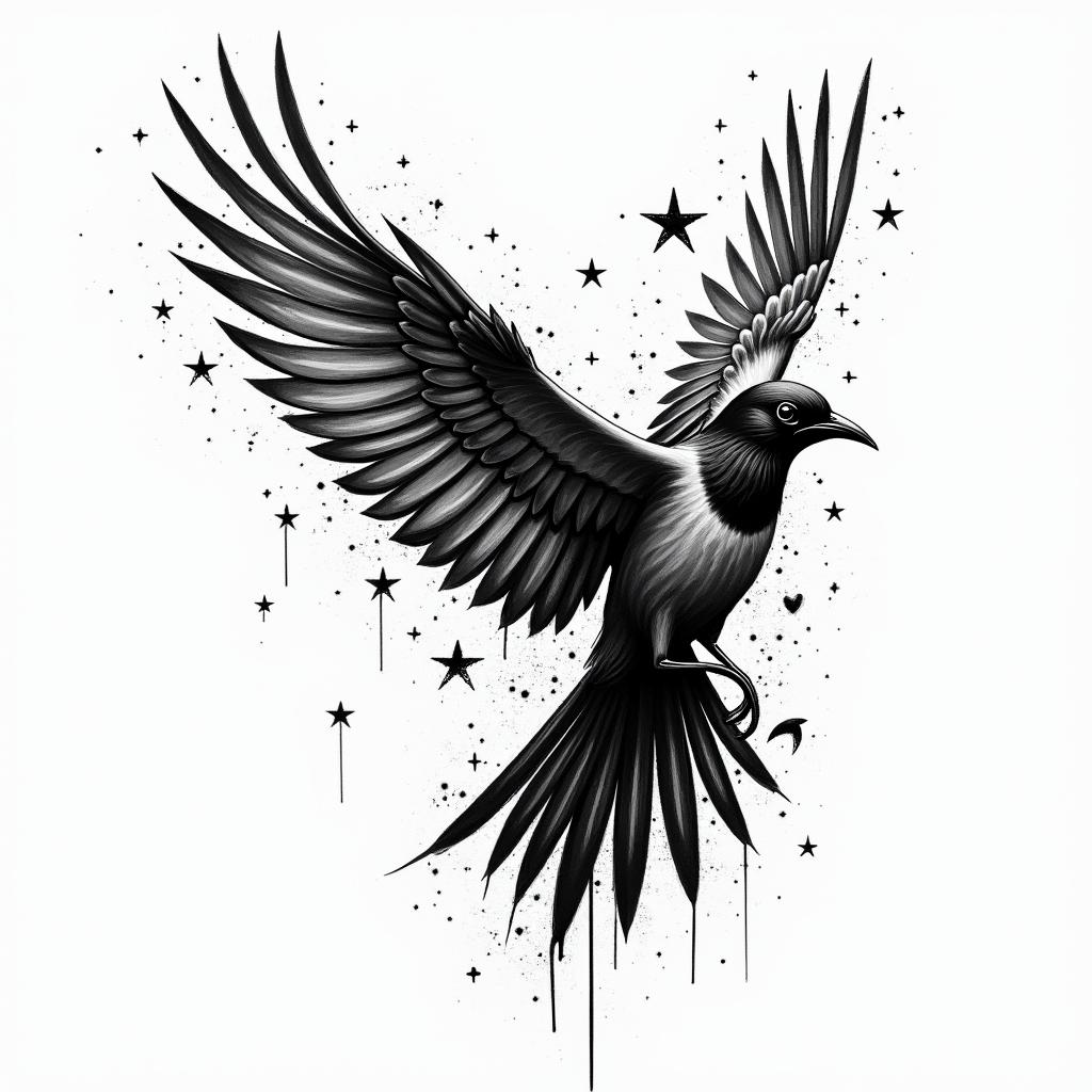 Magpiesin graffiti style tattoo, featuring bold and dynamic street art elements, spray-paint texture with exaggerated lines and expressive, chaotic brushstrokes, intricate lettering incorporated with graffiti tags, symbols like hearts, stars, and wings - Variation 4