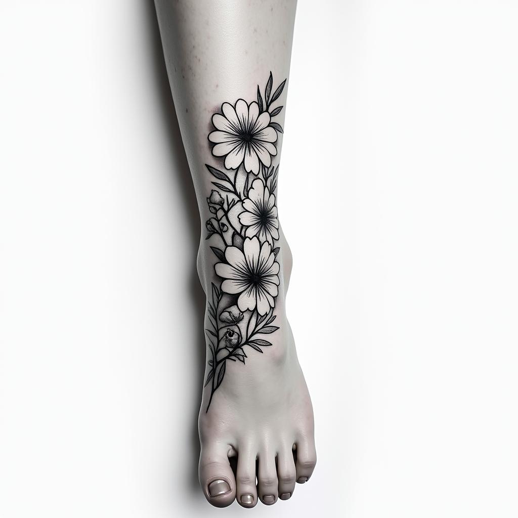 Of flowers that pass around the ankle, a tattoo not too big and very fine, black.higly detailed tattoo - Variation 4