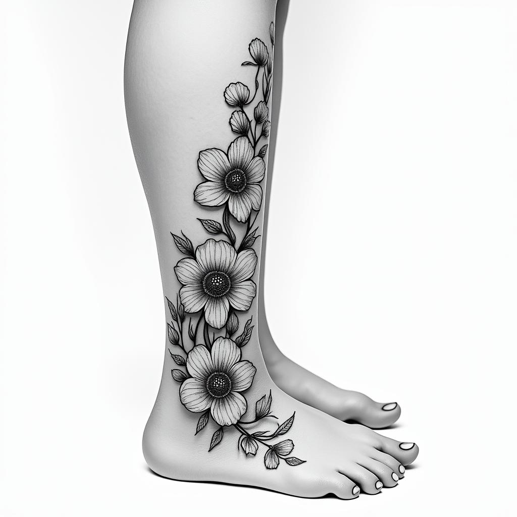 Of flowers that pass around the ankle, a tattoo not too big and very fine, black.higly detailed tattoo