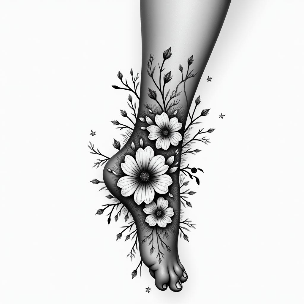 Of flowers that pass around the ankle, a tattoo not too big and very fine, black.higly detailed tattoo - Variation 3