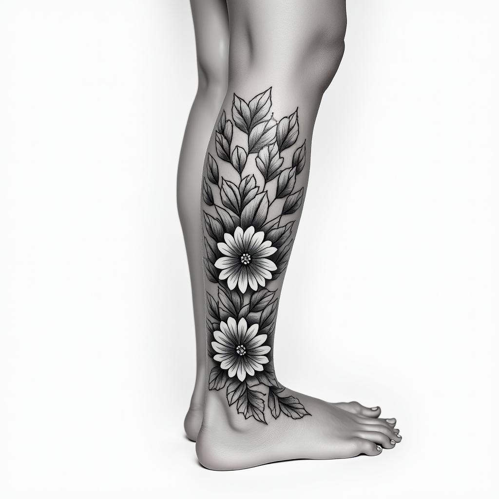 Of flowers that pass around the ankle, a tattoo not too big and very fine, black.higly detailed tattoo - Variation 2